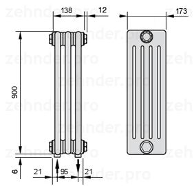 Схема (чертеж) Радиатор Zehnder Charleston 5090/3 №3570 Белый глянцевый RAL 9016